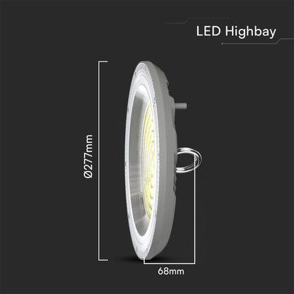 Dimensioni della Campana LED UFO 150W CCT 3in1 IP65: diametro 277mm e altezza 68mm, design compatto per installazioni industriali.