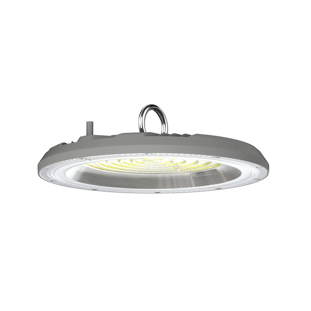 Campana LED UFO 150W CCT 3in1 IP65 grigia con interruttore, corpo in alluminio per uso industriale e magazzini.