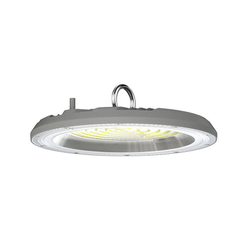 Campana LED UFO 150W CCT 3in1 IP65 grigia con interruttore, corpo in alluminio per uso industriale e magazzini.