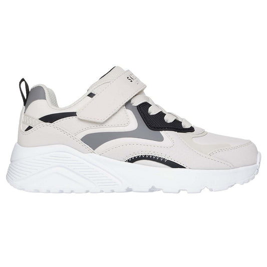 Sneakers sportive da bambino in bianco, nero e grigio con tomaia sintetica, suola leggera e chiusura con strap e lacci, design moderno e comodo