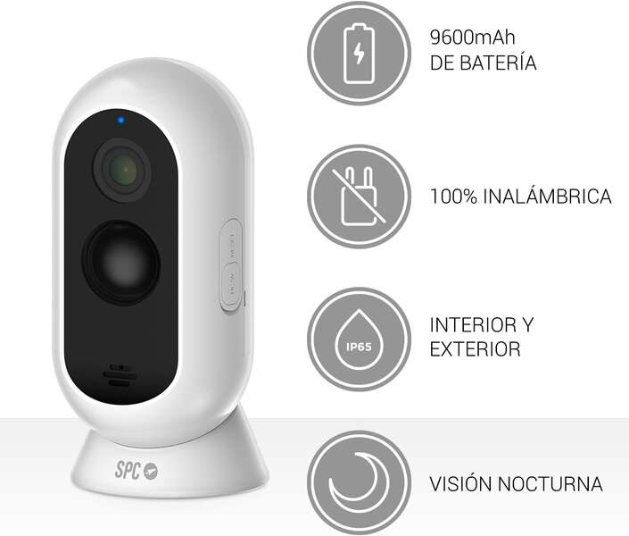 SPC Telecamera Sicurezza Wireless con Batteria - 9600 mAh - WiFi - Interno e Esterno - Resistente alla Pioggia - Full HD - Visione Notturna - Notifiche in Tempo Reale - Audio Bidirezionale - Colore Bianco