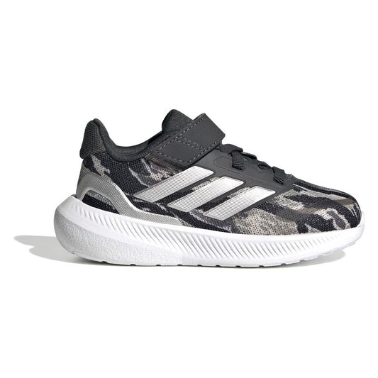Sneaker adidas infant con tomaia in tessuto camouflage nero e grigio, chiusura a strappo, suola bianca ammortizzata, ideale per bambini