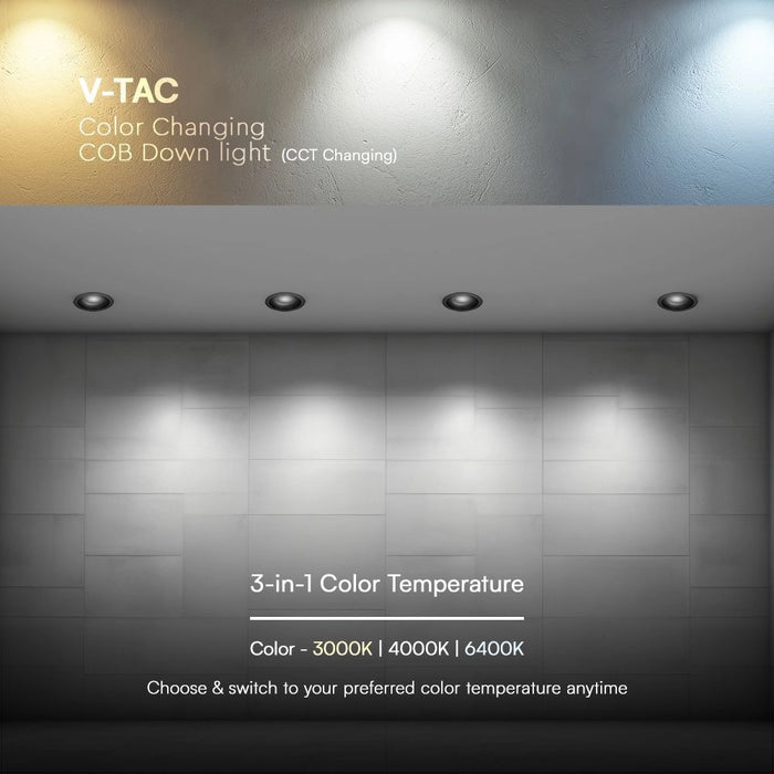 Faretto LED Incasso 18W COB 3in1 V-TAC Bridgelux con temperatura colore selezionabile: 3000K, 4000K e 6400K per ogni ambiente.