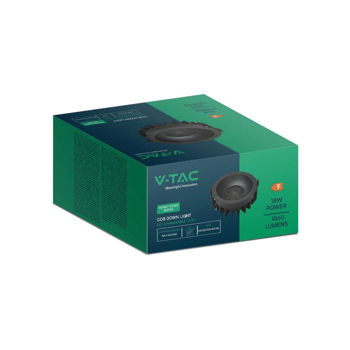 Confezione del Faretto LED Incasso 18W COB CCT 3in1 Nero V-TAC Bridgelux con 1860 lumen e classe energetica F, ideale per interni.