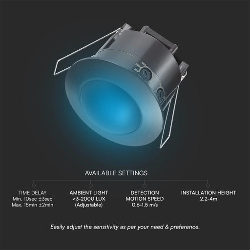 Sensore Movimento 360° Incasso Nero IP20 max 500W V-TAC con impostazioni regolabili per luce ambientale, velocità e ritardo di rilevamento.