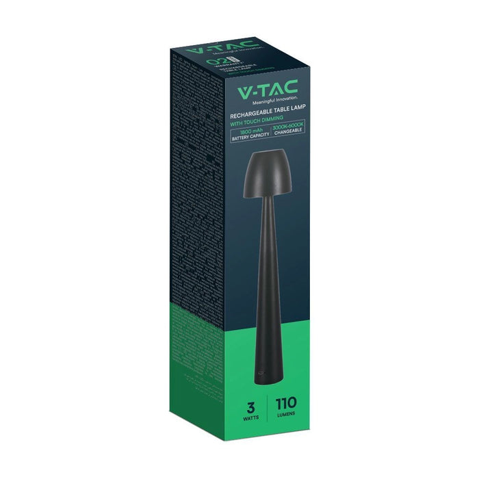 Lampada LED Tavolo 3W CCT Touch Ricaricabile USB-C Nera V-TAC