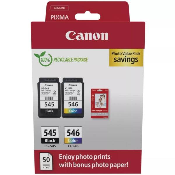 Canon PG545 Nero + CL546 Colore Confezione Cartucce d'Inchiostro Originali + 50 Fogli Carta Fotografica - 8287B008/8287B006/8287B005