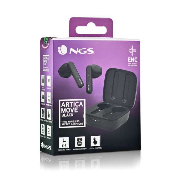 NGS Artica Move Black Auricolari Intrauricolari Bluetooth 5.3 TWS - Vivavoce - Assistente Vocale - Autonomia fino a 7h - Base di Ricarica - Colore Nero