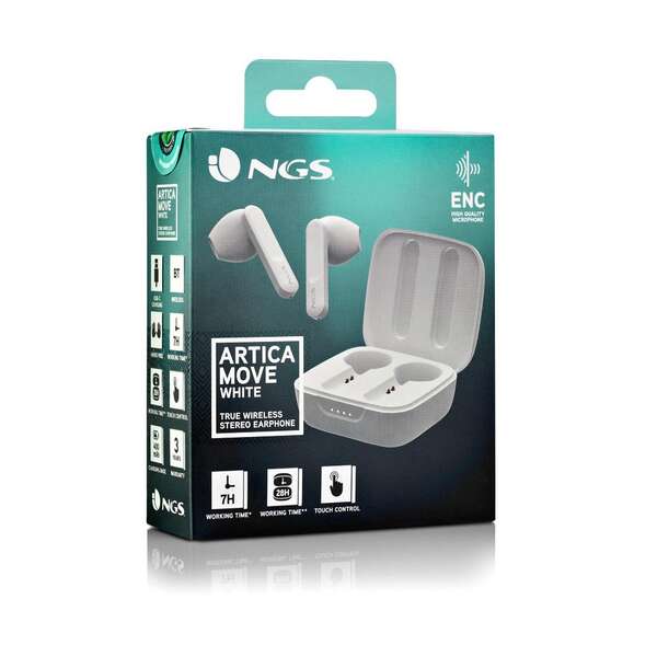 NGS Artica Move White Auricolari Intrauricolari Bluetooth 5.3 TWS - Vivavoce - Assistente Vocale - Autonomia fino a 7h - Base di Ricarica - Colore Bianco