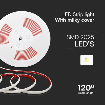 Strip LED 220V COB 3000K IP65 10m con Spina, copertura opaca e LED SMD 2025, angolo di emissione luce di 120°.