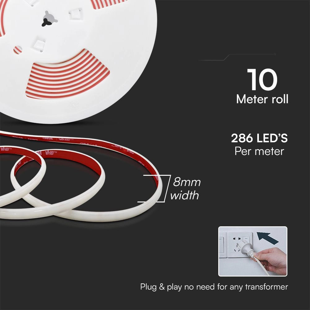 Dettaglio Strip LED 220V COB 3000K IP65 10m con Spina, 286 LED/m e larghezza 8mm, pronta all’uso senza trasformatore.