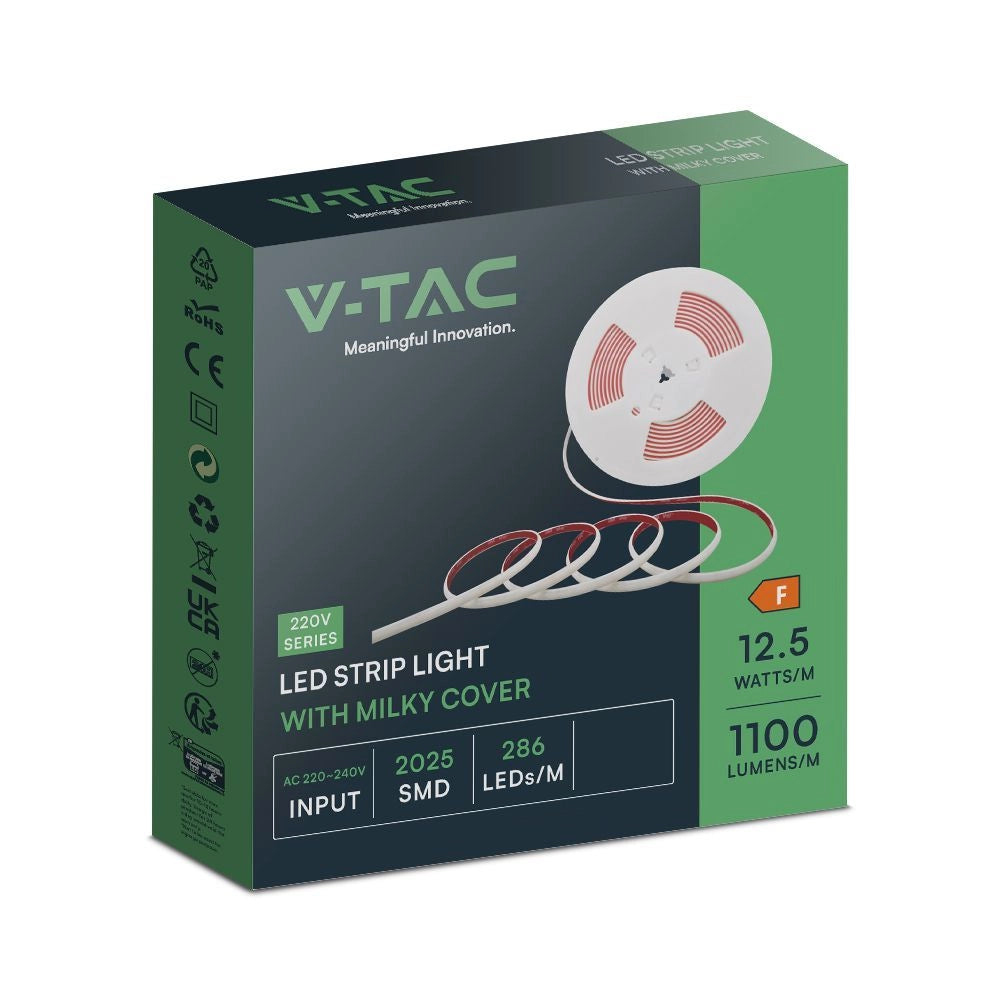 Confezione Strip LED 220V COB 3000K IP65 10m con Spina V-TAC, 286 LED/m, 1100 lumen/m e consumo 12.5W/m.