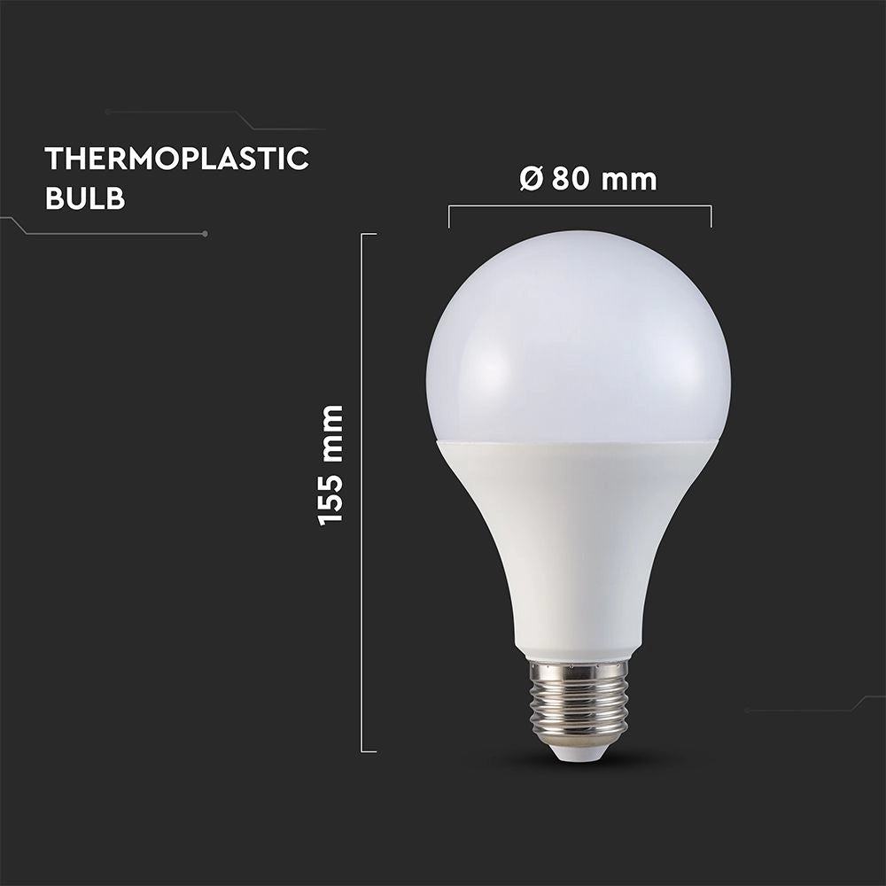 Lampadina LED E27 20W A80 V-TAC con dimensioni 155x80 mm e corpo in termoplastica, luce naturale 4000K ad alta efficienza 120lm/W.