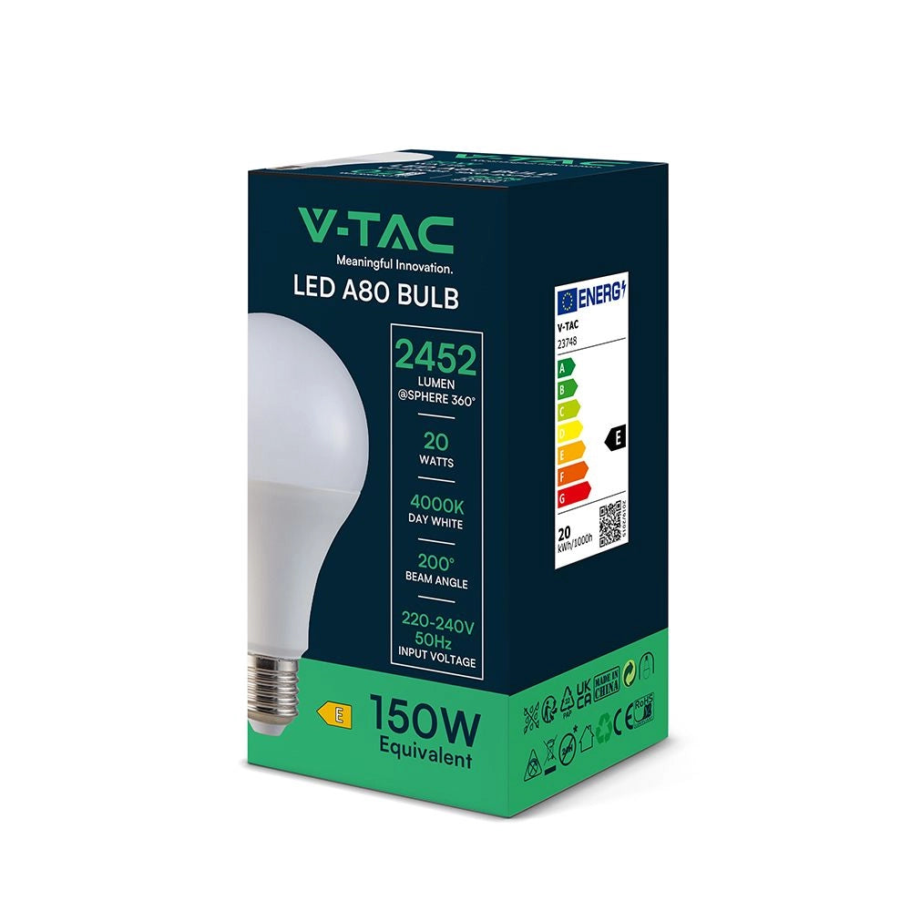 Confezione della Lampadina LED E27 20W A80 4000K 120lm/W V-TAC, equivalente a 150W, ideale per uso domestico ed efficienza energetica classe E.