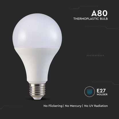 Lampadina LED A80 V-TAC con attacco E27, luce fredda 6500K e corpo termoplastico, ideale per ambienti interni senza sfarfallii.