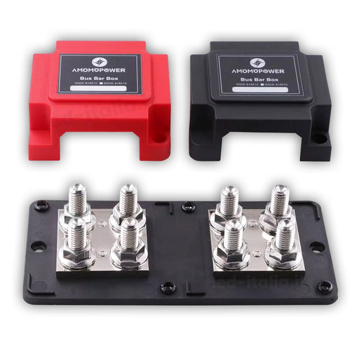 Busbar V-Tac 400A con 4 terminali M10 per batterie bassa tensione, con coperture rosse e nere per impianti fotovoltaici.
