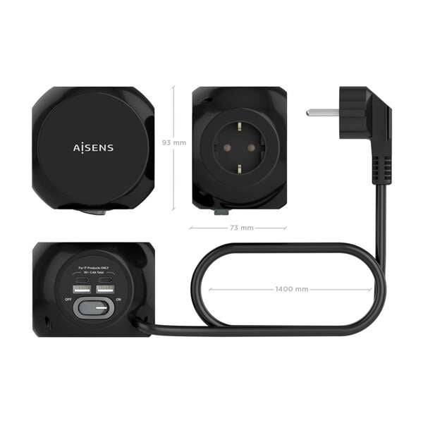 Aisens Ciabatta Multifunzione da Scrivania 3 Prese + 2xUSB-C - 2xUSB-A - 1.4m - Colore Nero