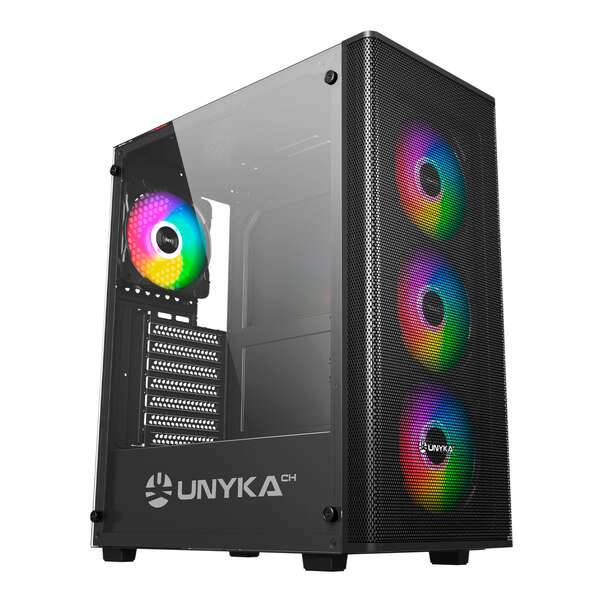 Unykach MIR 100 Case Gaming ATX, Micro ATX, ITX - Laterale Vetro Temperato - USB-A 2.0, 3.0 e Audio - 4 Ventilatori 120mm ARGB Installati - Supporta Raffreddamento Liquido