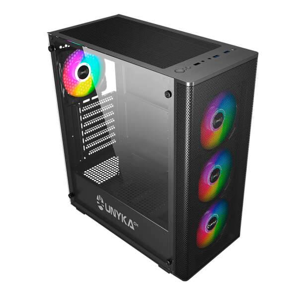 Unykach MIR 100 Case Gaming ATX, Micro ATX, ITX - Laterale Vetro Temperato - USB-A 2.0, 3.0 e Audio - 4 Ventilatori 120mm ARGB Installati - Supporta Raffreddamento Liquido