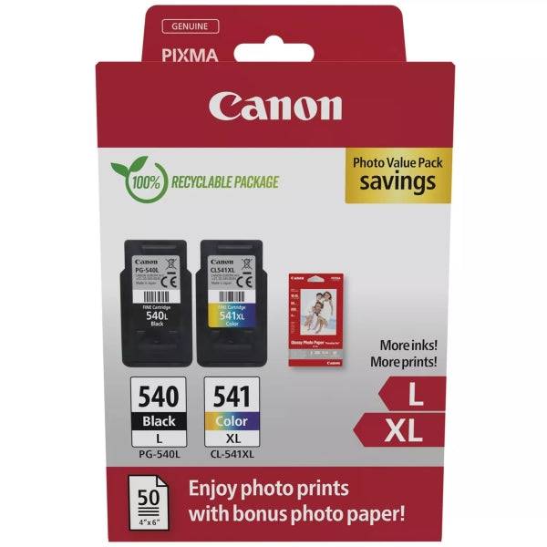 Canon PG540L Nero + CL541XL Colore Confezione 2 Cartucce d'Inchiostro Originali + 50 Fogli Carta Fotografica - 5224B012/5224B007/5224B005/5222B013/5222B014