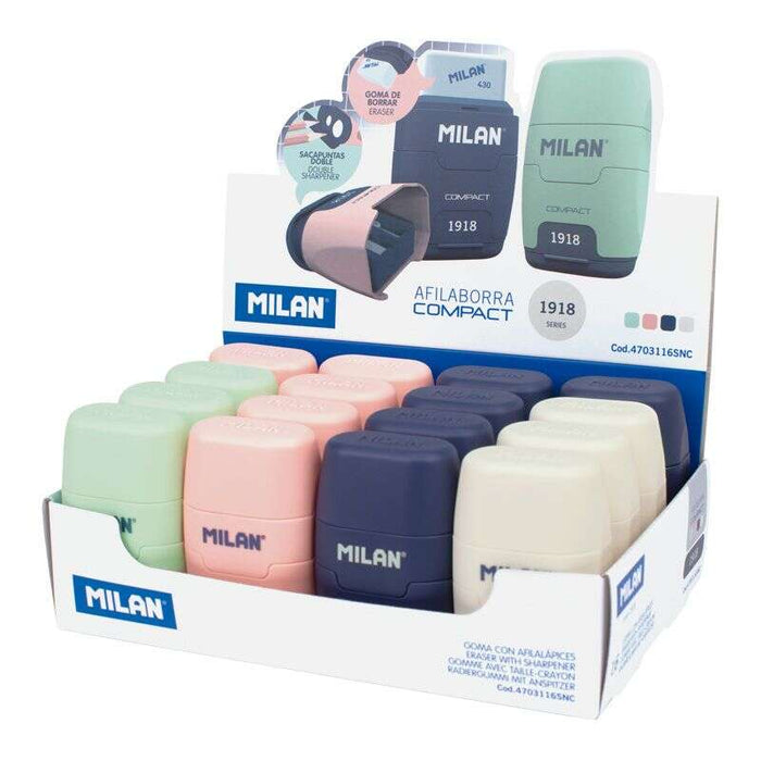 Milan Compact Serie 1918 Espositore 16 Temperamatite Compact con Gomma - Temperamatite Doppio - Lama di Sicurezza - Colori Beige, Blu, Rosa e Verde