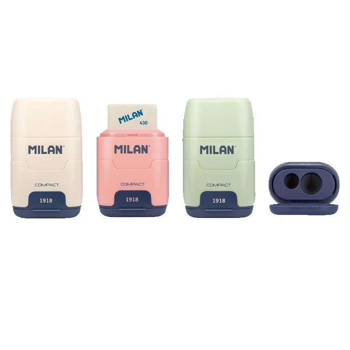 Milan Compact Serie 1918 Espositore 16 Temperamatite Compact con Gomma - Temperamatite Doppio - Lama di Sicurezza - Colori Beige, Blu, Rosa e Verde