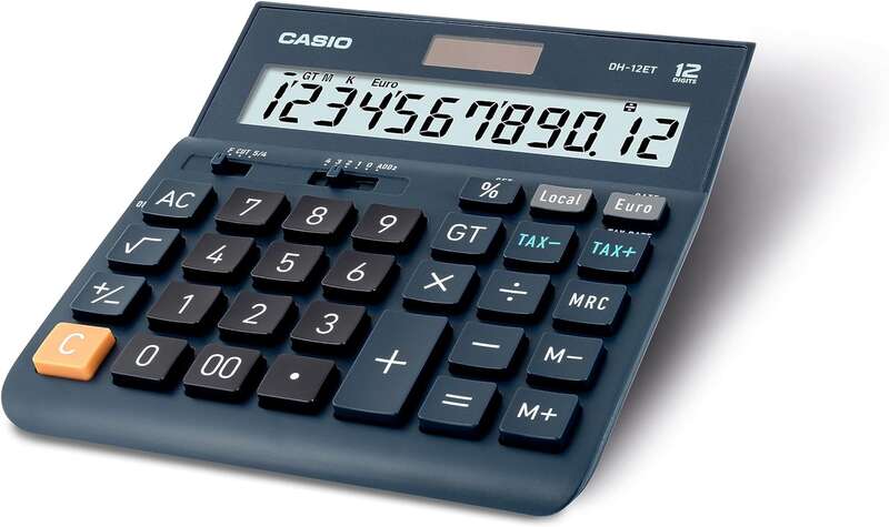 Casio DH-12ET Calcolatrice da Tavolo - Display Extralarge a 12 Cifre - Alimentazione Solare e a Batterie - Colore Blu Scuro