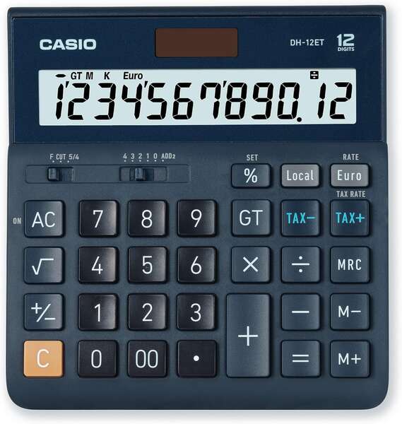 Casio DH-12ET Calcolatrice da Tavolo - Display Extralarge a 12 Cifre - Alimentazione Solare e a Batterie - Colore Blu Scuro
