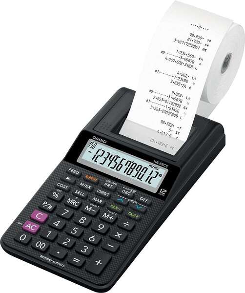Casio HR-8RCE Calcolatrice Scrivente da Tavolo Compatta - Display 12 Cifre - Stampa 2 Righe al Secondo - Colore Nero