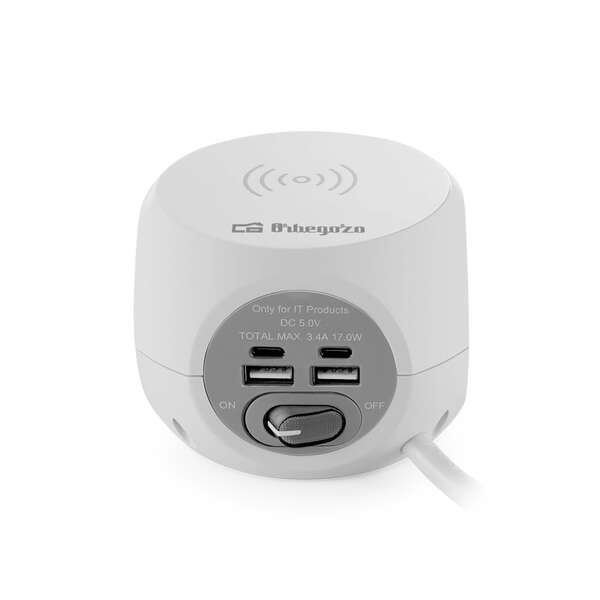 Orbegozo EN 4500 Ciabatta 8 in 1 Ricarica Rapida Wireless - 3 Prese di Terra VDE - 2 USB - 2 USB-C - Cavo 1.5M - Interruttore Accensione/Spegnimento Ideale per Viaggi