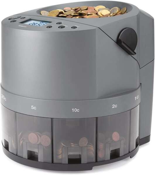 Safescan 1450 Eur Contadora y Clasificadora Automatica de Monedas - Cuenta y Clasifica 500 Monedas por Minuto - Funcion de Impresion - Capacità de la Tolva de hasta 1.000 Monedas