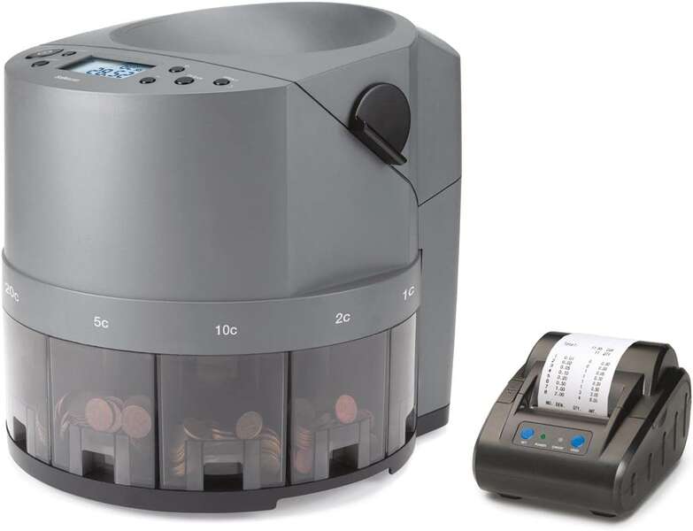 Safescan 1450 Eur Contadora y Clasificadora Automatica de Monedas - Cuenta y Clasifica 500 Monedas por Minuto - Funcion de Impresion - Capacità de la Tolva de hasta 1.000 Monedas