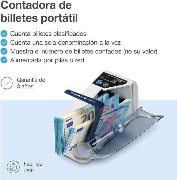 Safescan 2000 Contadora de Billetes - Portatil - Funcion de Suma - Borrado de Resultados - Doble Alimentacion