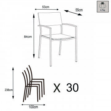 Schema tecnico della Poltrona Florida con misure 56x57x89 cm e capacità di impilamento fino a 30 sedie, perfetta per spazi esterni funzionali.