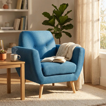 Poltrona in tessuto blu con bottoni, gambe in polipropilene 84x79x86 cm