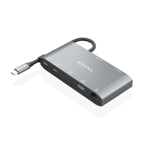 Aisens USB-C Dock 8 in 1 - USB-C a 1xHDMI - 1xVGA - 1xRJ45 - 2xUSB-A - 2xUSB-C 5G - 1xUSB-C PD - 20cm - Colore Grigio
