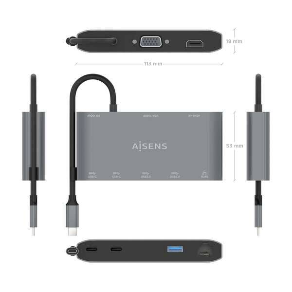 Aisens USB-C Dock 8 in 1 - USB-C a 1xHDMI - 1xVGA - 1xRJ45 - 2xUSB-A - 2xUSB-C 5G - 1xUSB-C PD - 20cm - Colore Grigio