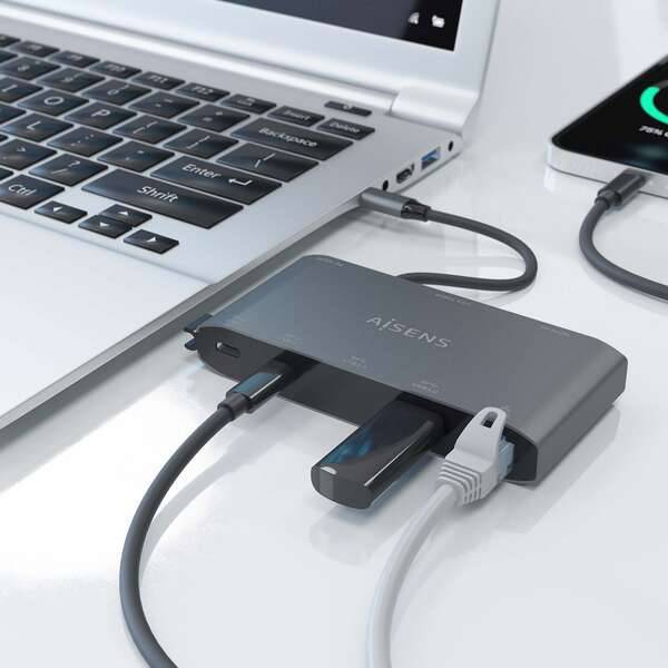 Aisens USB-C Dock 8 in 1 - USB-C a 1xHDMI - 1xVGA - 1xRJ45 - 2xUSB-A - 2xUSB-C 5G - 1xUSB-C PD - 20cm - Colore Grigio