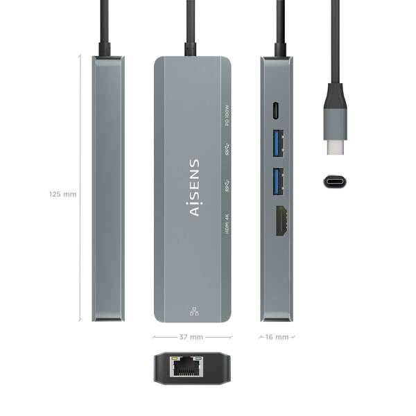 Aisens USB-C Dock 5 in 1 - USB-C a 1xHDMI - 1xRJ45 - 2xUSB - 1xPD - 15cm - Colore Grigio
