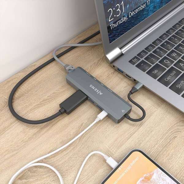 Aisens USB-C Dock 5 in 1 - USB-C a 1xHDMI - 1xRJ45 - 2xUSB - 1xPD - 15cm - Colore Grigio
