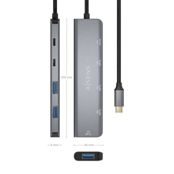 Aisens Hub USB 3.2 Gen1 5G USB-C - USB-C/M-1xUSB-C PD100W/H-1xUSB-C/H-3xUSB-A/H - 15cm