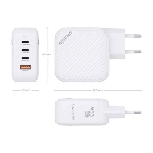 Aisens Caricabatterie GAN 100W - 3xUSB-C PD3.0 QC4.0 - 1xUSB-A QC3.0