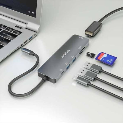 Aisens USB-C Dock 6 in 1 - USB-C a 1xHDMI - 2xUSB-A - 1xUSB-C PD 100W - 1xSD - 1xMicro SD - 15cm