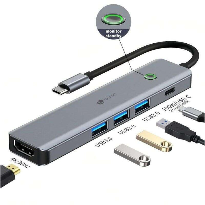 Leotec Adattatore 5 in 1 USB-C a 1xHDMI, 3xUSB-A 3.0, 1xPD 100W+USB-C - Colore Grigio