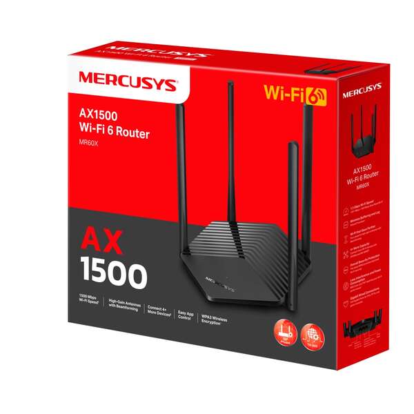 Mercusys MR60X Router Wireless WiFi 6 Dual Band - 3 Porte 10/100/1000Mbps - 4 Antenne 5dBi