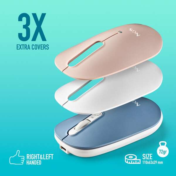NGS Mouse Wireless Ricaricabile Multimodalità e Silenzioso - 2 Custodie di Ricambio - 4 Pulsanti