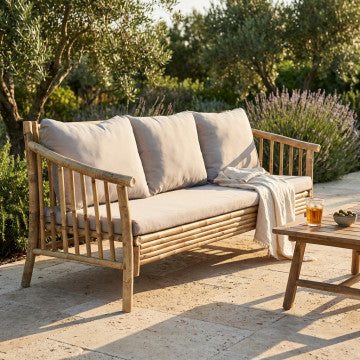Divano in legno di bamboo con cuscino, dimensioni 195x67 cm
