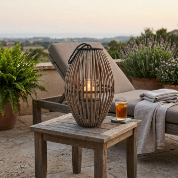 Lanterna in vimini grigio con vetro, diametro 32 cm, altezza 50 cm