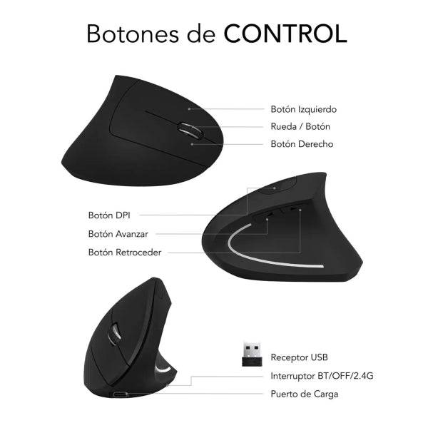 Subblim Glide Vertical Ergo Dual Mouse Verticale Bluetooth, USB 2.4Ghz 1600dpi - 5 Pulsanti - Uso Destrorso - Colore Nero