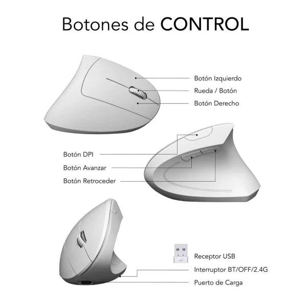 Subblim Glide Vertical Ergo Dual Mouse Verticale Bluetooth, USB 2.4Ghz 4000dpi - 5 Pulsanti - Uso Destrorso - Colore Bianco
